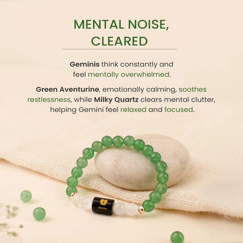 Gemini Zodiac Green Aventurine and Milky Quartz Crystal Bracelet