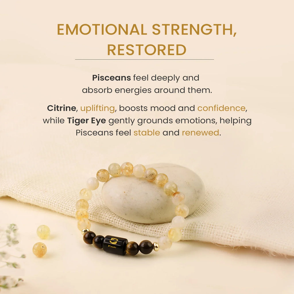 Pisces Zodiac Citrine and Tiger Eye Crystal Bracelet