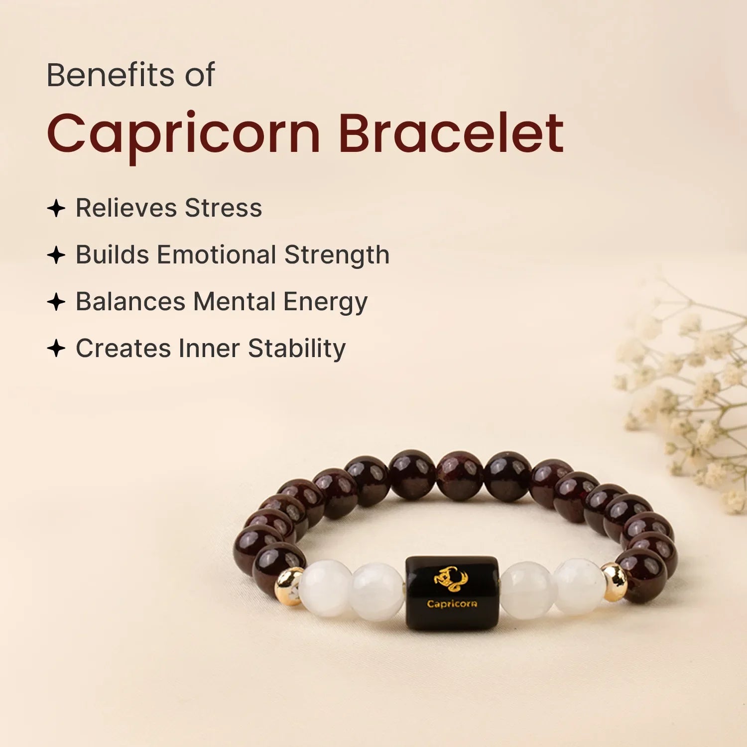 Astrotalk Capricorn Zodiac Garnet and Milky Quartz Beaded Bracelet