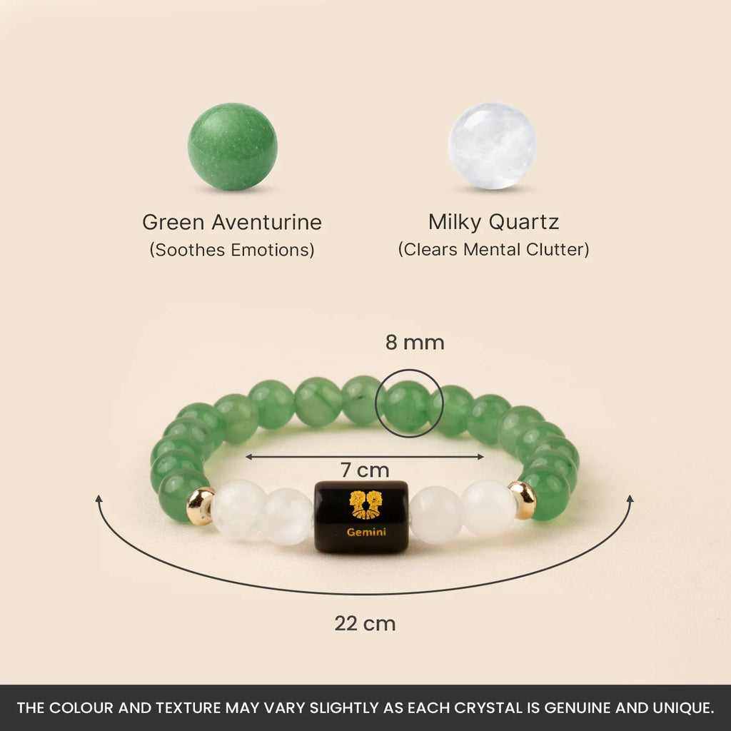 Gemini Zodiac Green Aventurine and Milky Quartz Crystal Bracelet