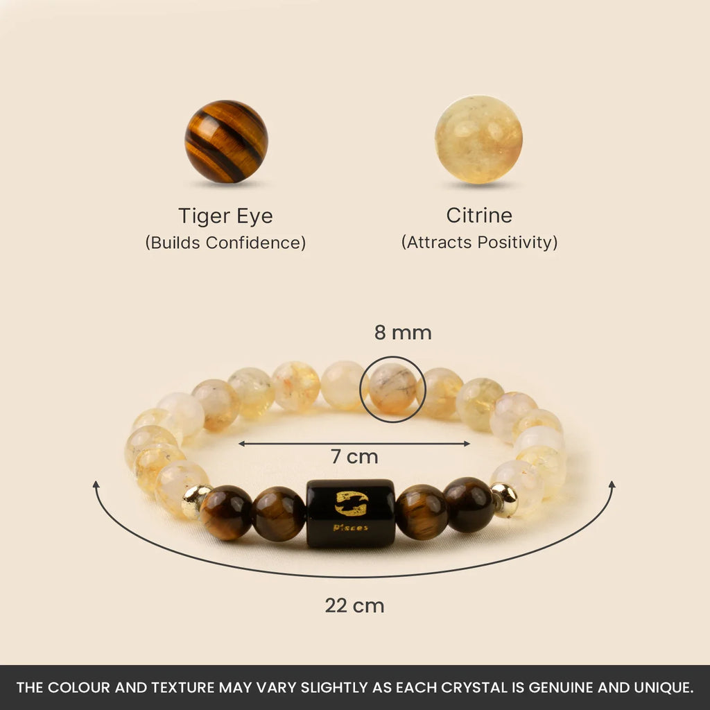 Pisces Zodiac Citrine and Tiger Eye Crystal Bracelet