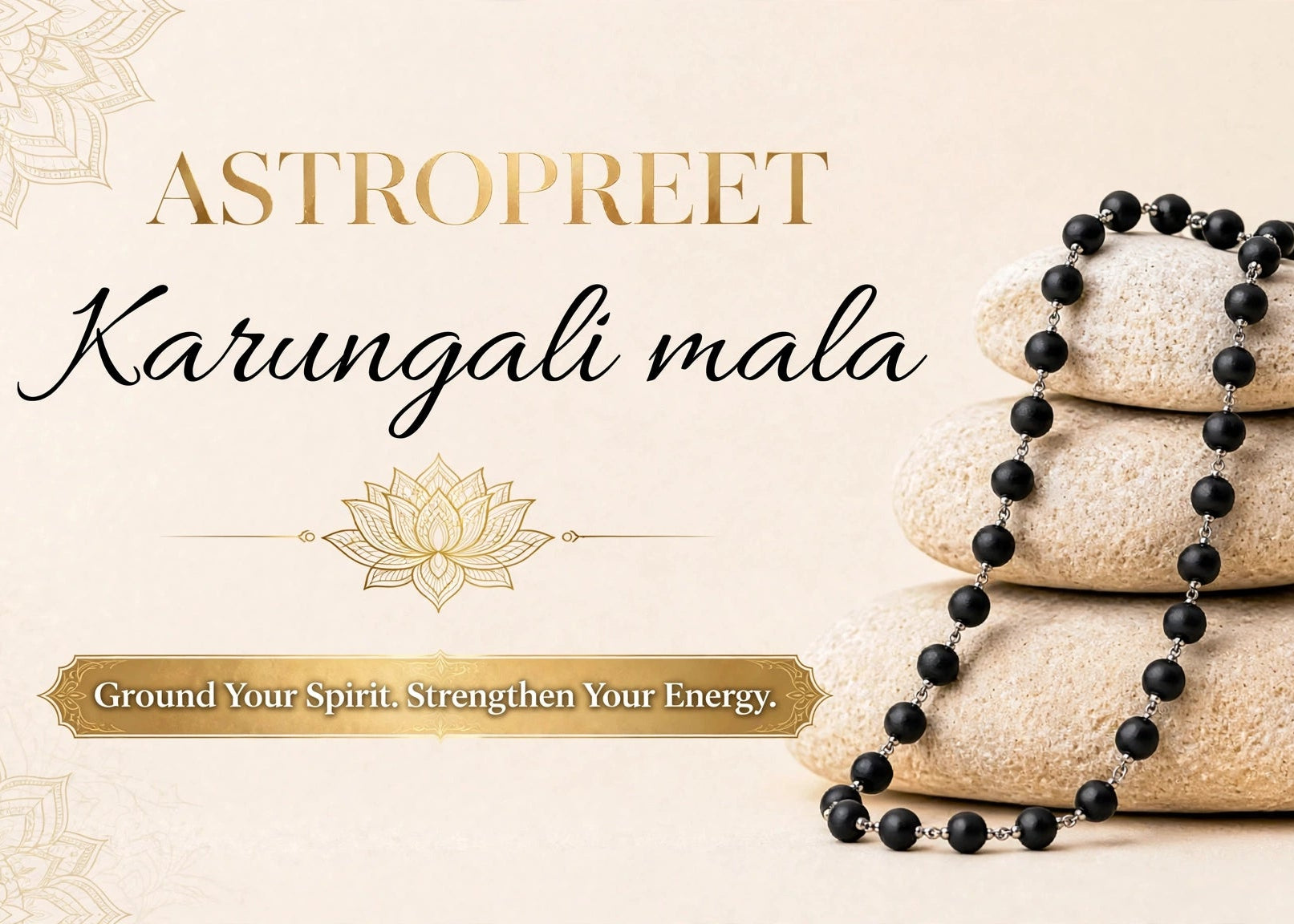 Astropreet Karungali mala prayer beads draped over a stack of four smooth stones on a warm beige background with decorative text and a lotus motif.