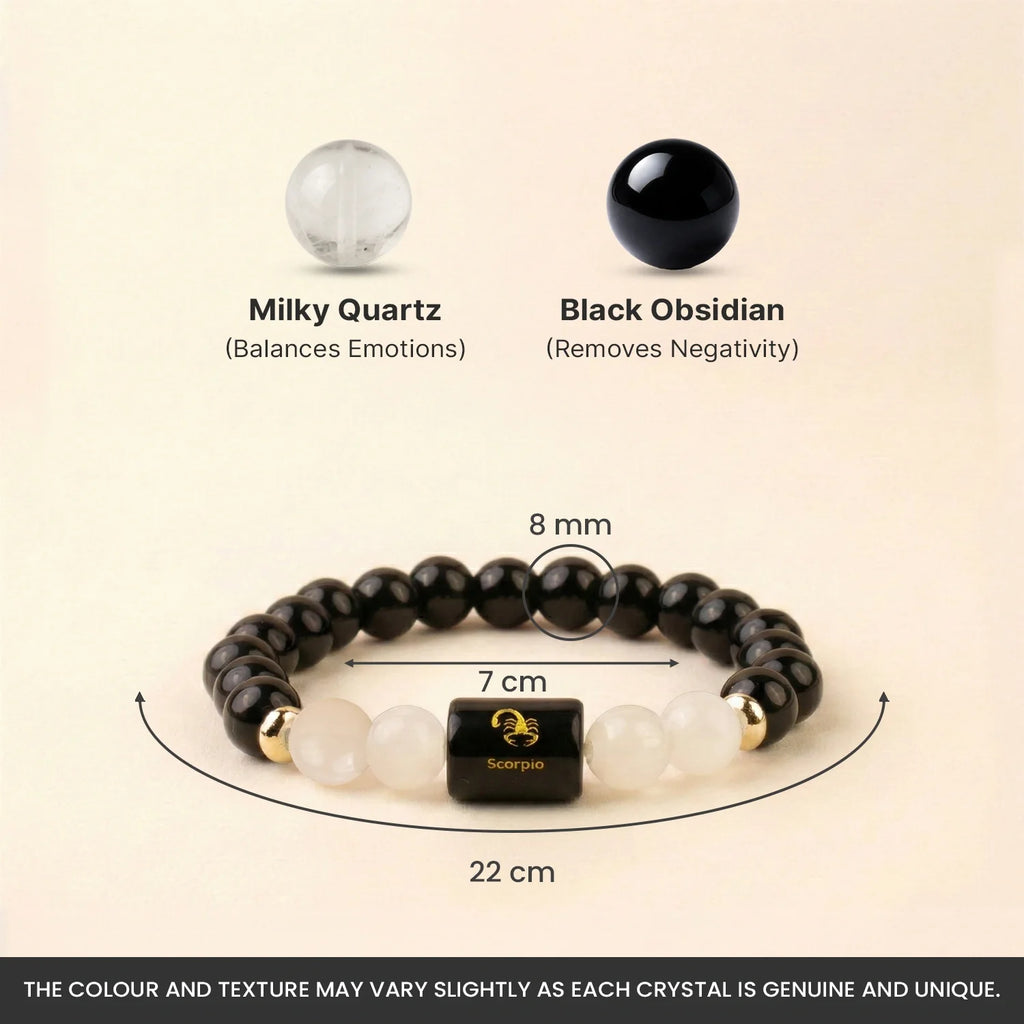 Astrotalk Scorpio Zodiac Bracelet Black Obsidian and Milky Quartz
