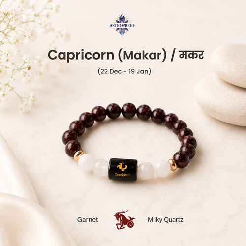 Bracelet with Garnet and Milky Quartz stones, featuring a Capricorn symbol, on a light background.