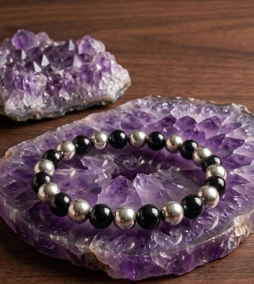 natural pyrite & black obsidian bracelet