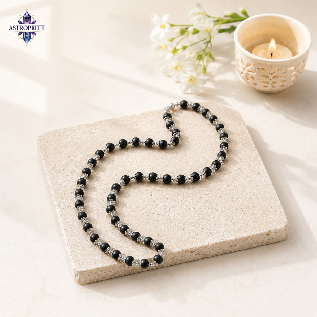 Astropreet silver capping | karungali mala | 54 beads | Natural ebony wood mala | Free Shiv nandi Karungali pendent