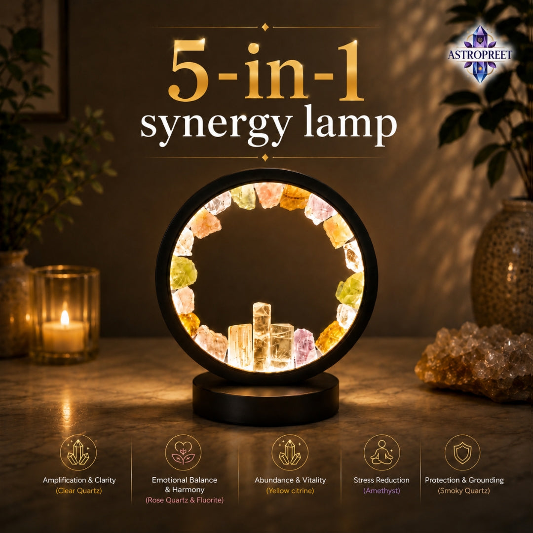 Astropreet 5-in-1 Synergy Crystal Healing Lamp(ROUND) – Amethyst, Selenite, Fluorite, Citrine & Clear Quartz