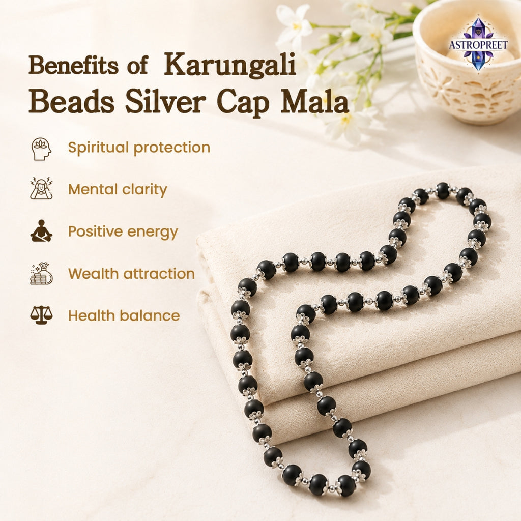 Astropreet silver capping | karungali mala | 54 beads | Natural ebony wood mala | Free Shiv nandi Karungali pendent