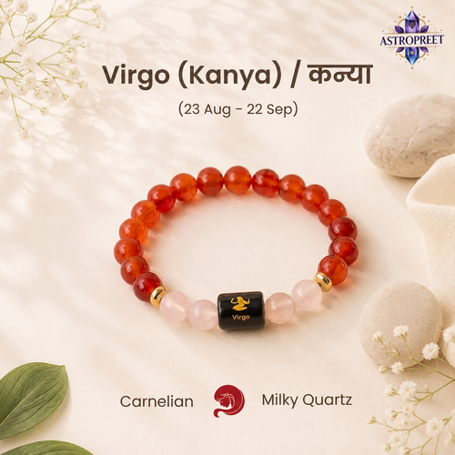 Bracelet with Carnelian and Milky Quartz stones on a light background with text about Virgo zodiac sign.